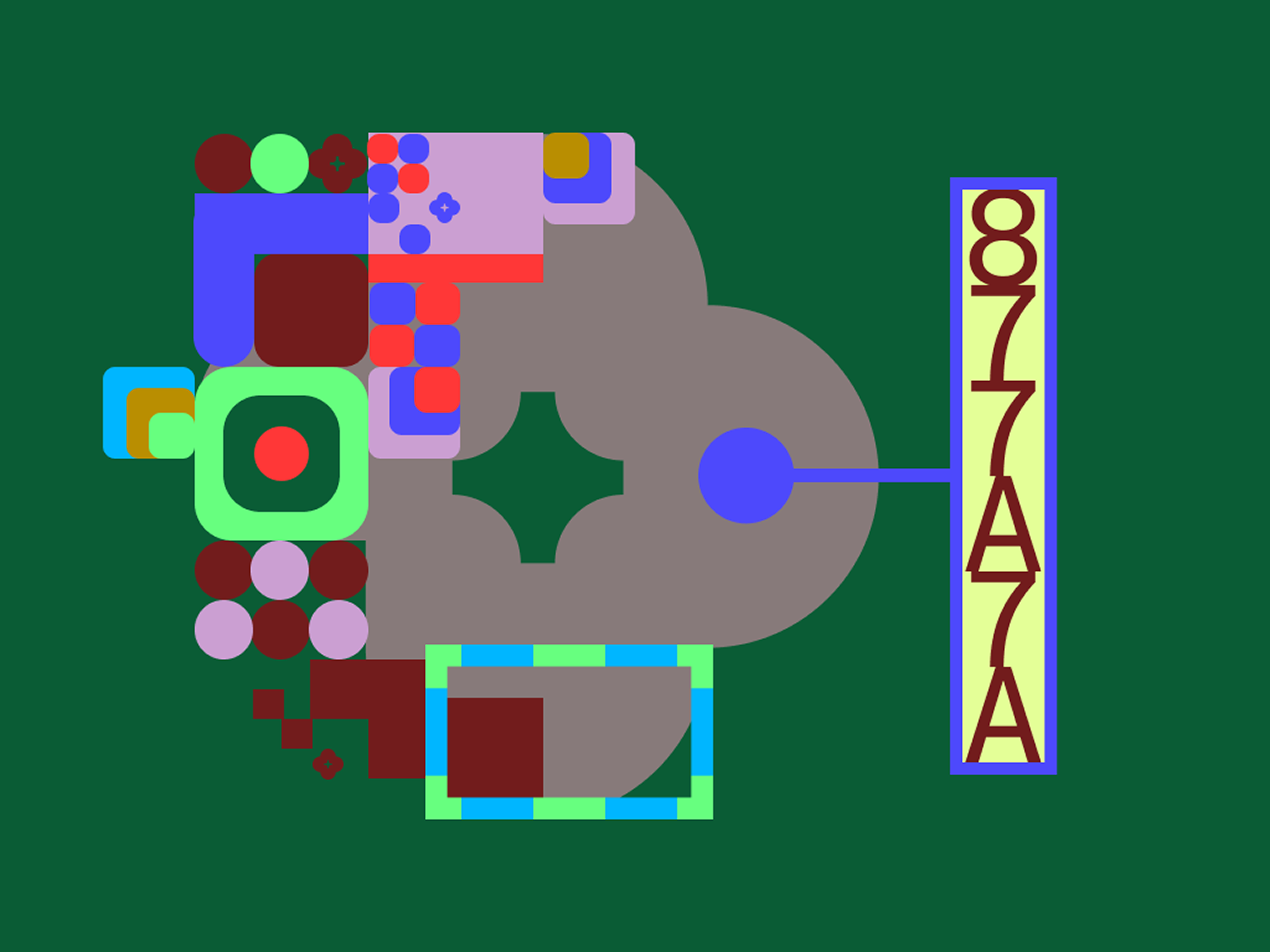Abstract digital artwork featuring geometric shapes and colorful squares on a dark green background, with the characters "8 7 7 A 7 A" vertically aligned on the right.