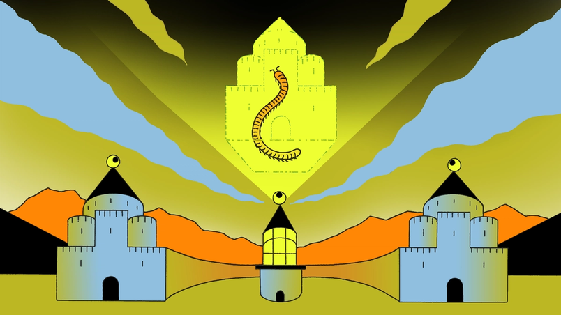 A castle has two large towers on either side of one small tower in the middle. The middle tower projects an image of another castle with a millipede in it.