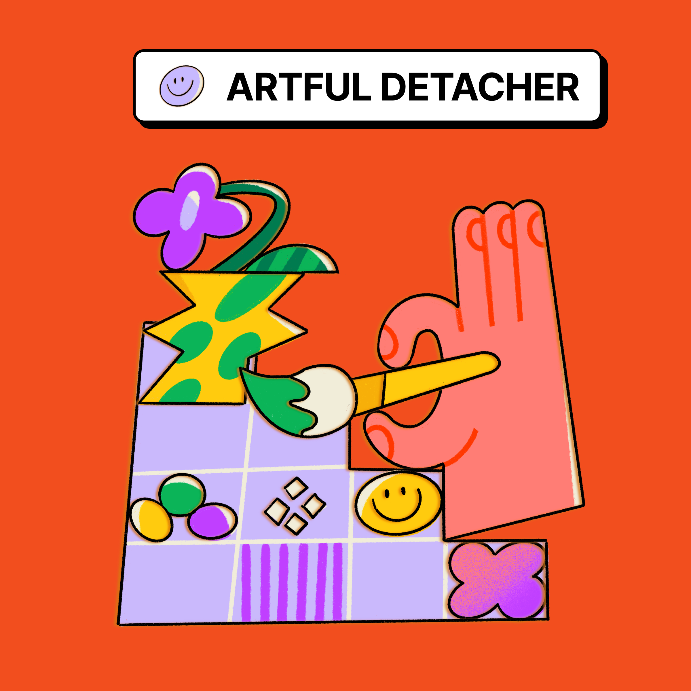 A large hand holding a paintbrush between its index finger and thumb. It is painting various shapes including a flower, a smiling face, and various icons.