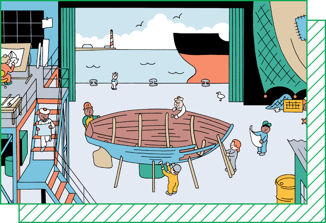 An illustration of a ship hull being built in a warehouse with several workers building the body or examining drawings. The ocean is visible through the open doors.