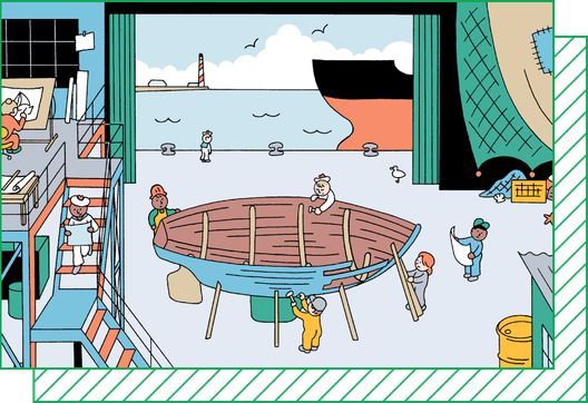 An illustration of a ship hull being built in a warehouse with several workers building the body or examining drawings. The ocean is visible through the open doors.
