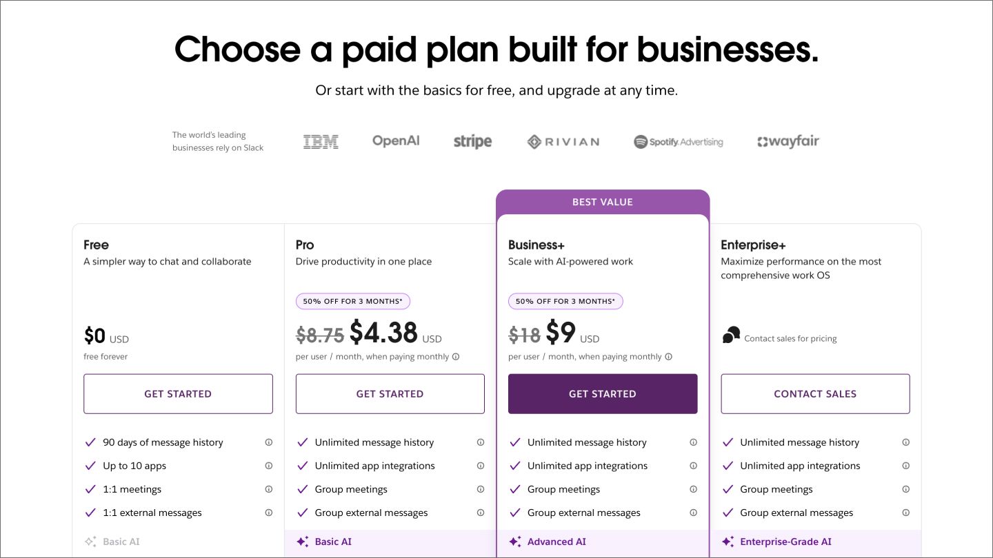 The pricing page on the Slack website.