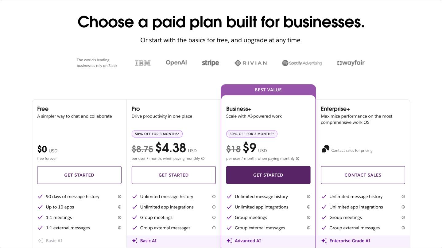 The pricing page on the Slack website.