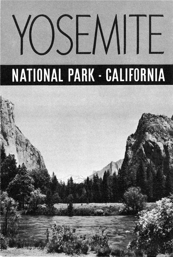 Booklet cover with a full-bleed black and white photo of the Yosemite valley and Yosemite in large sans serif font at the top