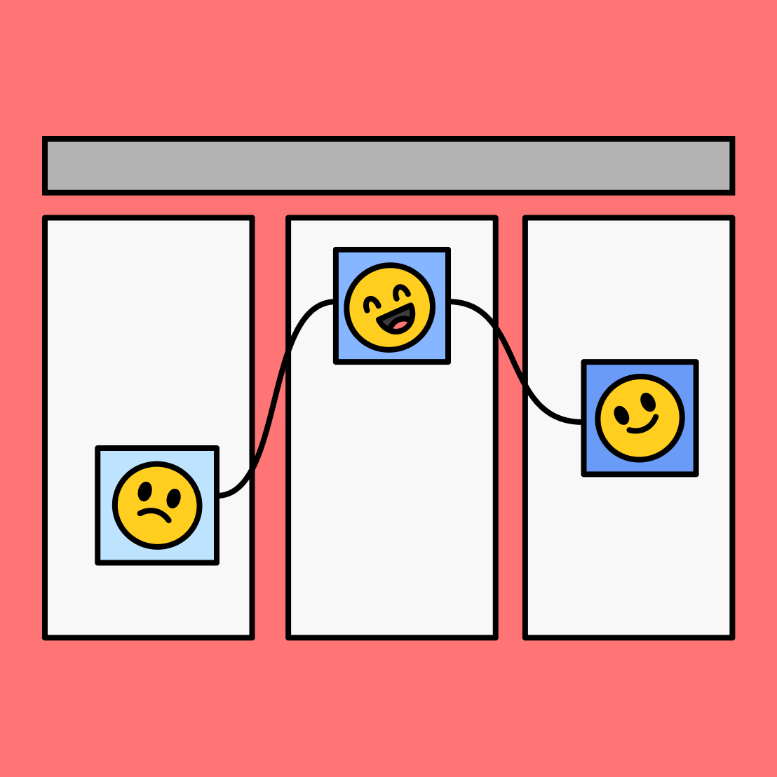 three white rectangles with sad, happy and laughing emojis overlayed on top of each