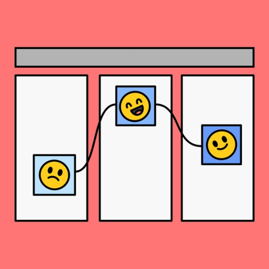 three white rectangles with sad, happy and laughing emojis overlayed on top of each