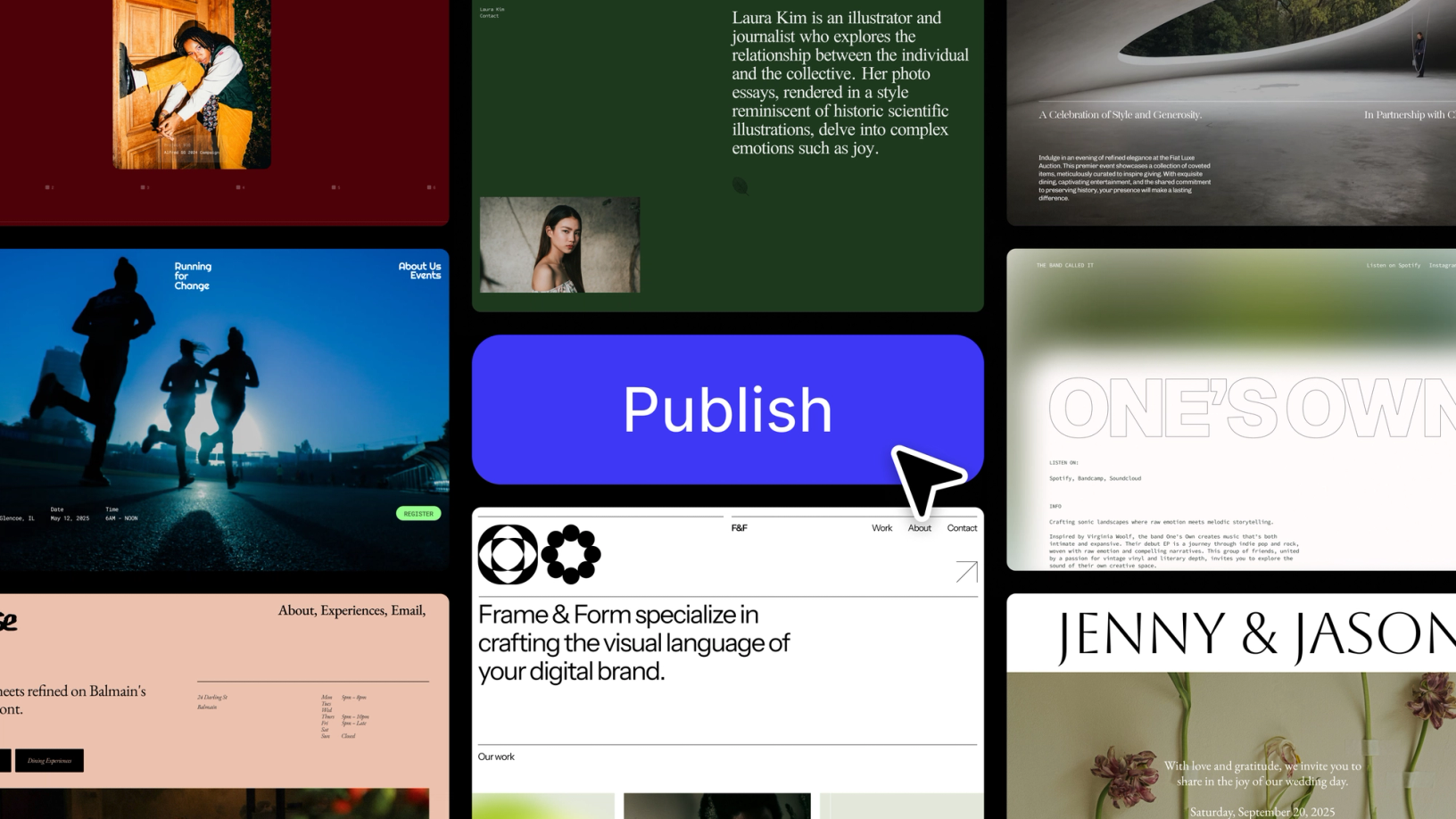 A blue button with white text that says "Publish" sits at the center of the image and is surrounded by a number of frames that demonstrate various designed websites. A cursor hovers over the button.
