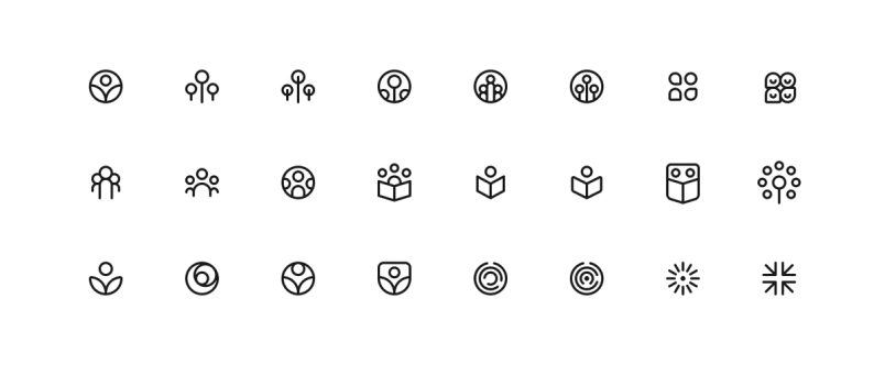 Versions of an evolving icon, from outlines of heads to a single head reading a book
