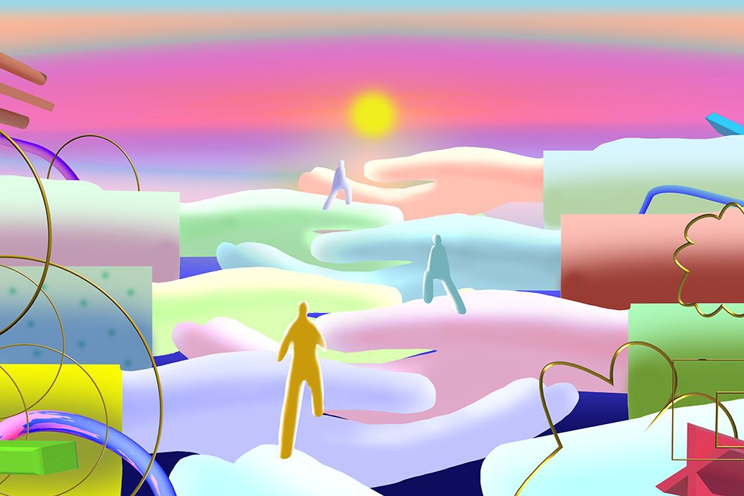 Colorful digital illustration of abstract human figures walking on oversized, pastel-colored hands. The background features a glowing yellow sun above a gradient sky of pink, purple, and orange. Curved gold lines and geometric shapes frame the scene.