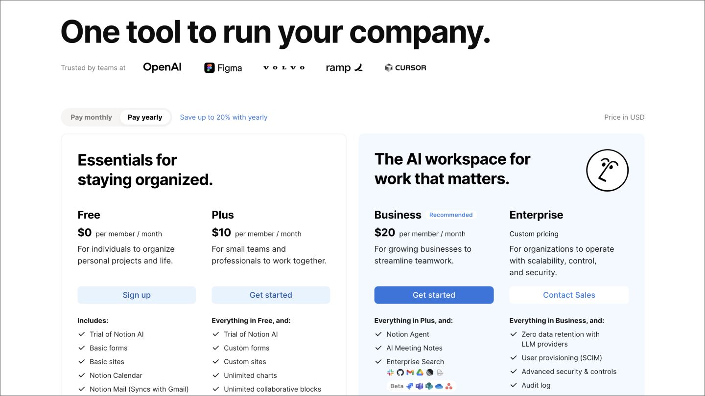 The pricing page on the Notion website.