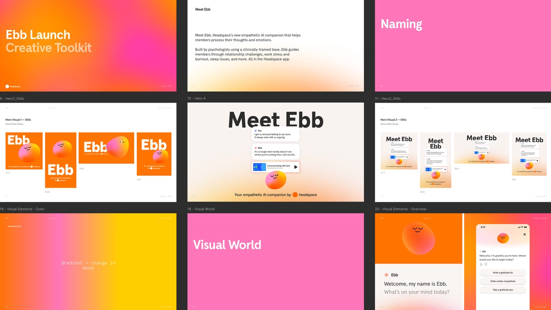 Creative toolkit slides showing brand guidelines, mascot designs, interface examples, and visual elements for their empathetic AI companion