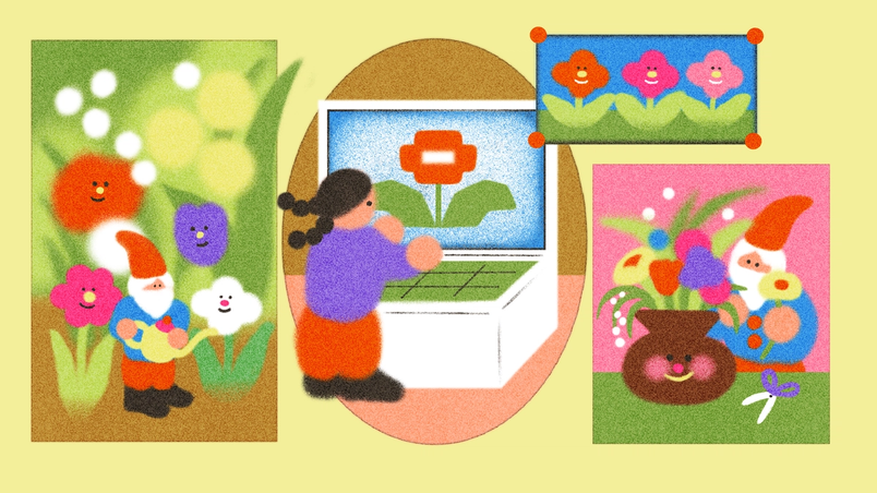A triptych of gardening-themed illustrations. Left: gnomes tending flowers. Center: a person working on flower designs on a computer. Right: a gnome with a watering can and a pot of flowers.