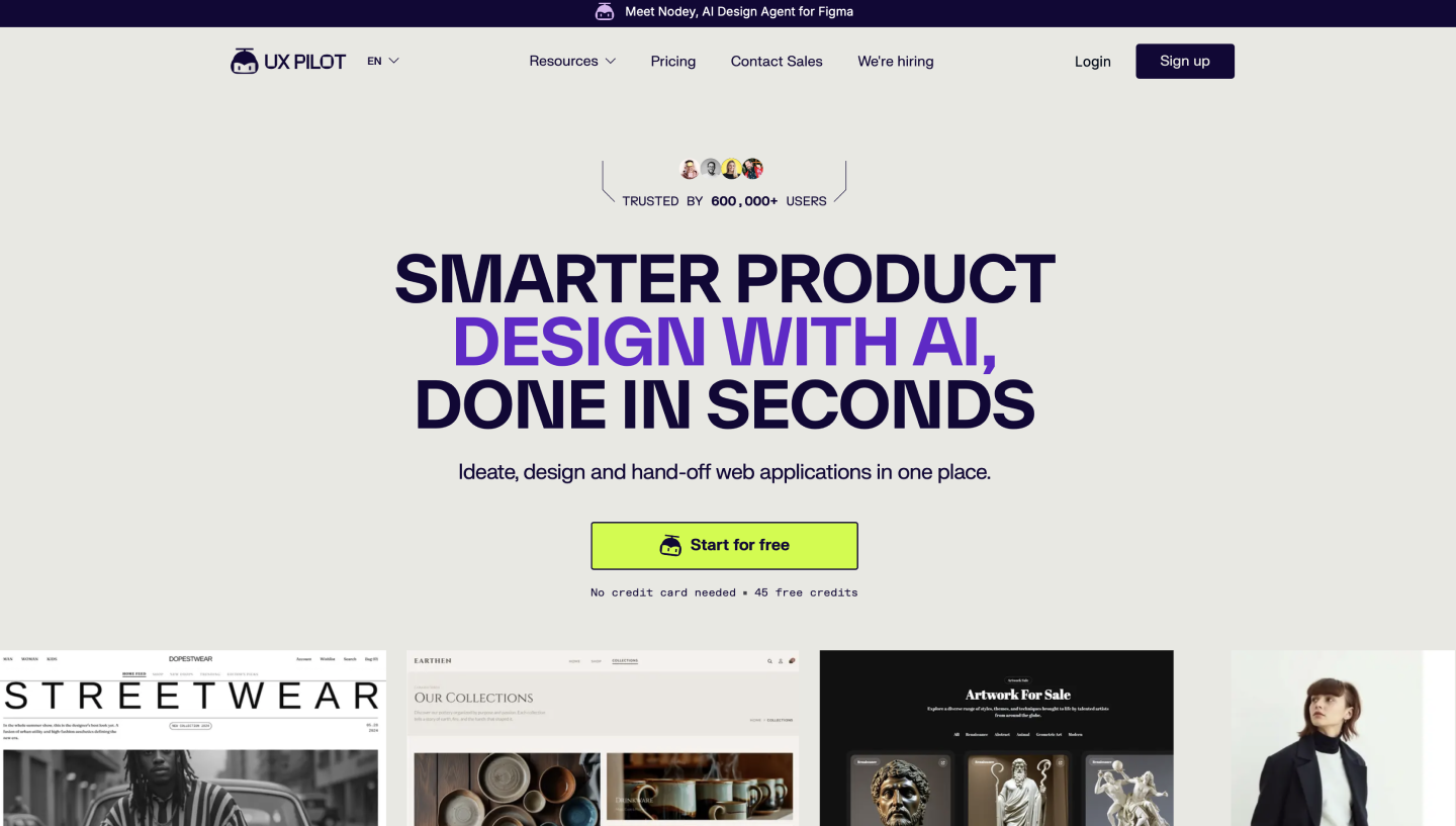 Homepage for UX Pilot, an AI prototyping tool.