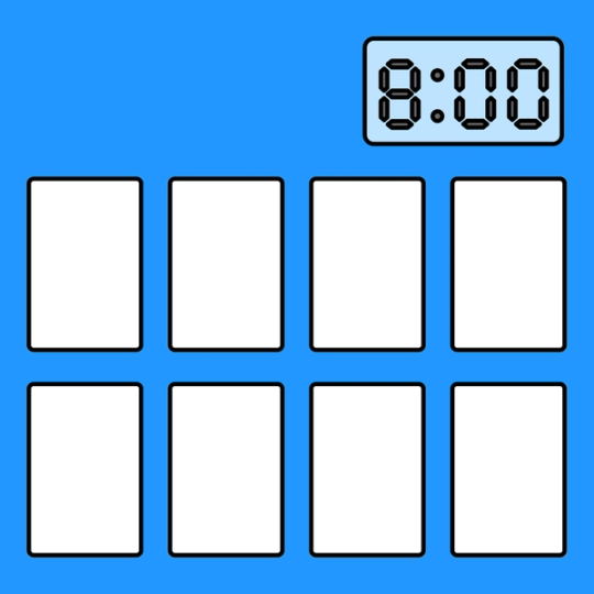 eight white rectangles in two rows with an eight-minute timer in the upper right hand corner