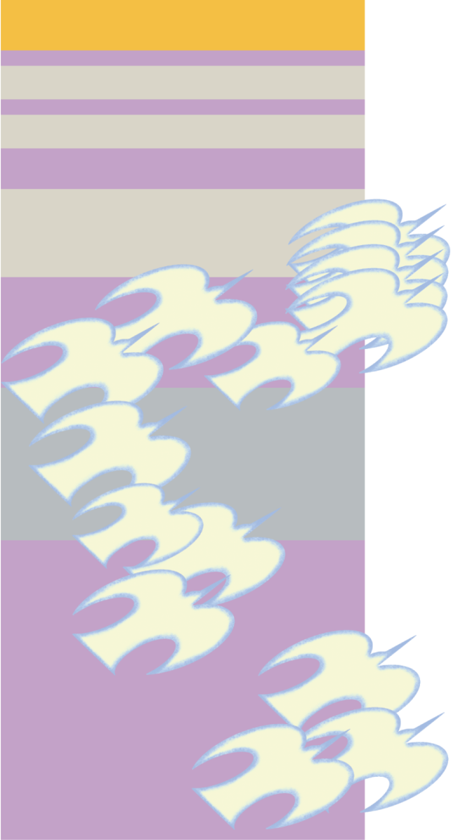 An abstract artwork features a vertical composition with pastel shades of yellow, purple, and gray stripes. White, cloud-like shapes with blue outlines are scattered across the image, giving the impression of floating or moving through the space. The overall design has a soft, dreamy quality.