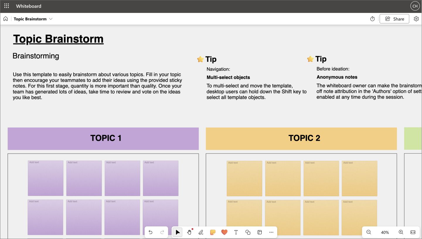 The Microsoft Whiteboard application, demonstrating a quick, collaborative brainstorming session with sticky notes and ink tools.