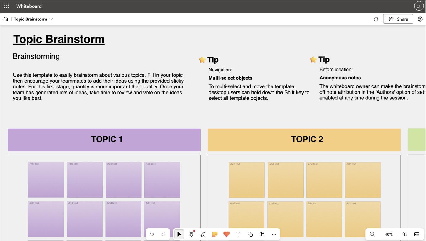 The Microsoft Whiteboard application, demonstrating a quick, collaborative brainstorming session with sticky notes and ink tools.