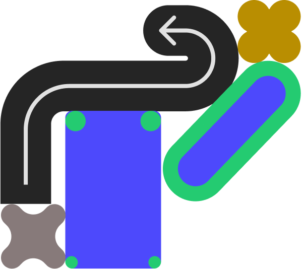 An arrow pointing left nested on top of a vertical rectangle and other shapes.