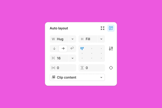 Auto layout settings panel in Figma's redesigned UI, showing options for width, height, direction, spacing, and alignment. The panel is set to Hug width, Fill height, and includes options for clipping content and alignment adjustments.