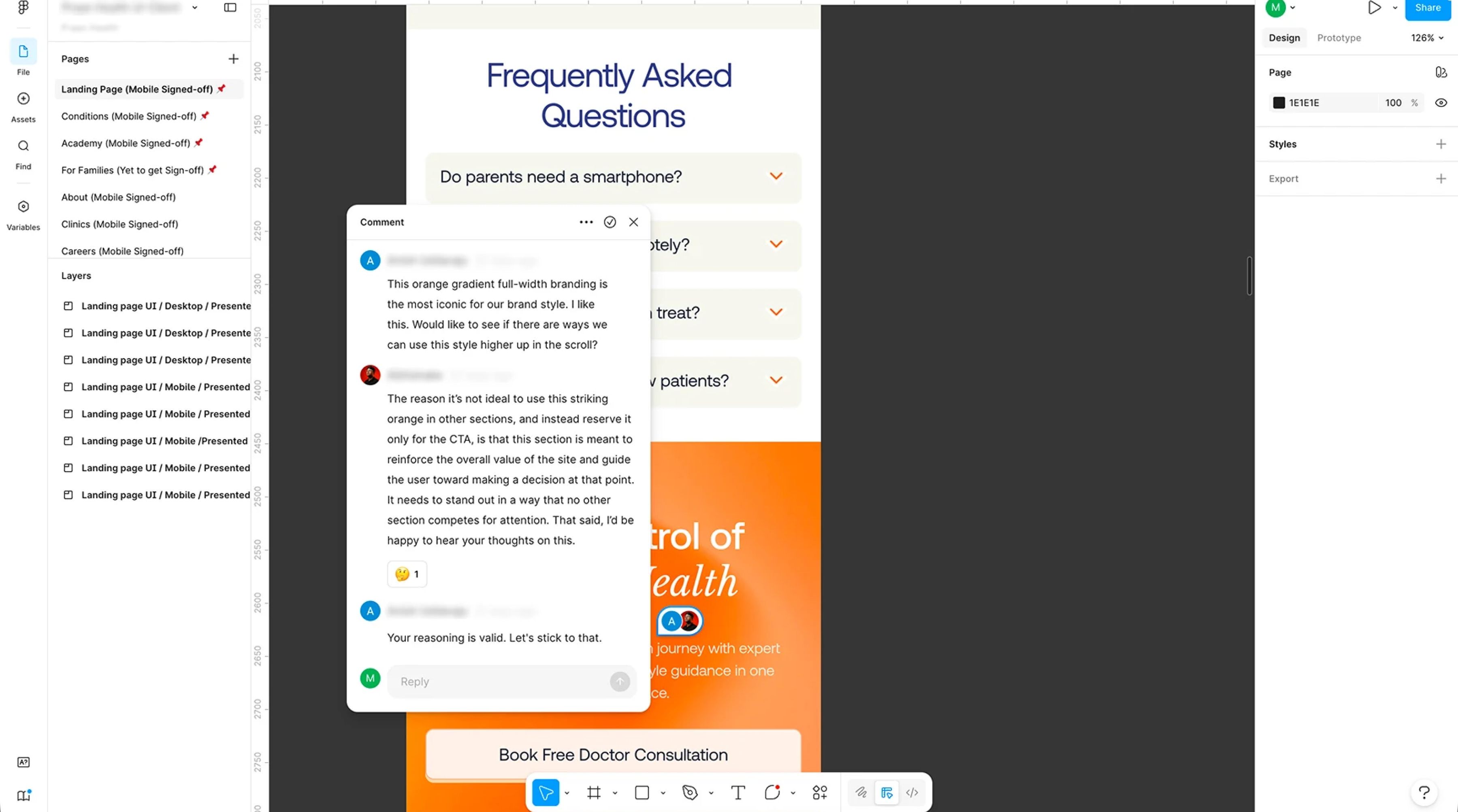 an FAQ mobile screen in Figma Make with Figma users adding comments to the design