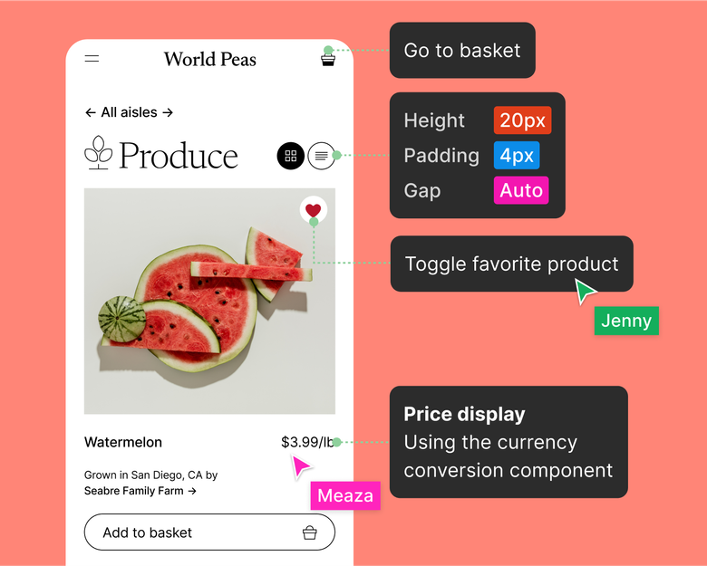 Zwei Teamkolleg*innen verwenden Anmerkungen zur Dokumentation der Designaufzeichnungen für die Programmierer*innen einer E-Commerce-Produktseite.