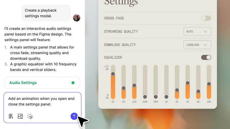 Un prompt de la boîte de dialogue indique « Ajouter une animation à l'ouverture et à la fermeture du panneau des paramètres. » Sur le côté droit, les paramètres audio comprennent le fondu enchaîné, la qualité de diffusion, la qualité de téléchargement et un égaliseur.
