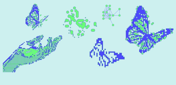 Ilustración digital abstracta de una mano liberando mariposas pixeladas y grupos de datos.