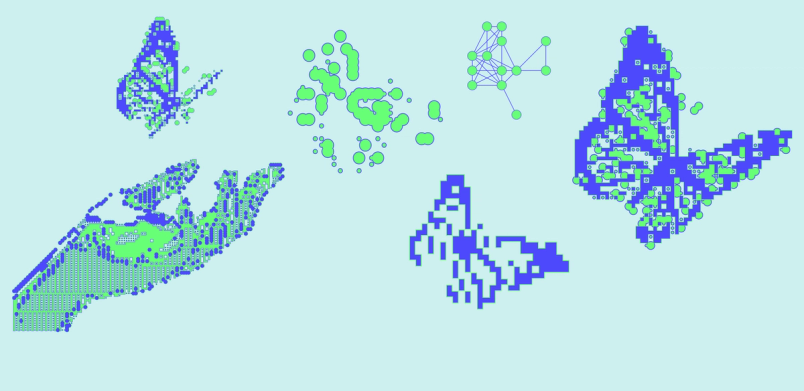 Abstrakte digitale Illustration einer Hand, die pixelige Schmetterlinge und Datencluster freisetzt.