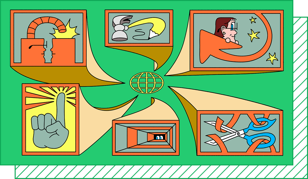 Illustration on green background shows six framed vignettes circling a globe icon: robotic arm, hammer pencil, person riding an arrow, raised finger, eyes peering from a tunnel, scissors cutting ribbon.