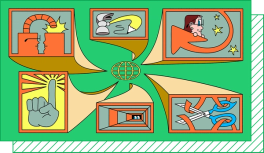 Illustration on green background shows six framed vignettes circling a globe icon: robotic arm, hammer pencil, person riding an arrow, raised finger, eyes peering from a tunnel, scissors cutting ribbon.