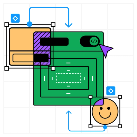 A graphic representation of the Dev Mode toggle, a CSS box model, and prototyping noodles. There’s a smiley face, too.