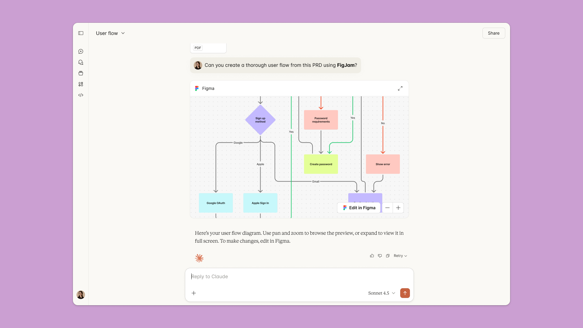 User flow diagrams visualize the end-to-end journey, helping teams spot friction, edge cases, and align faster. With Claude, generate these flows directly from a PRD—no copy-pasting required.
