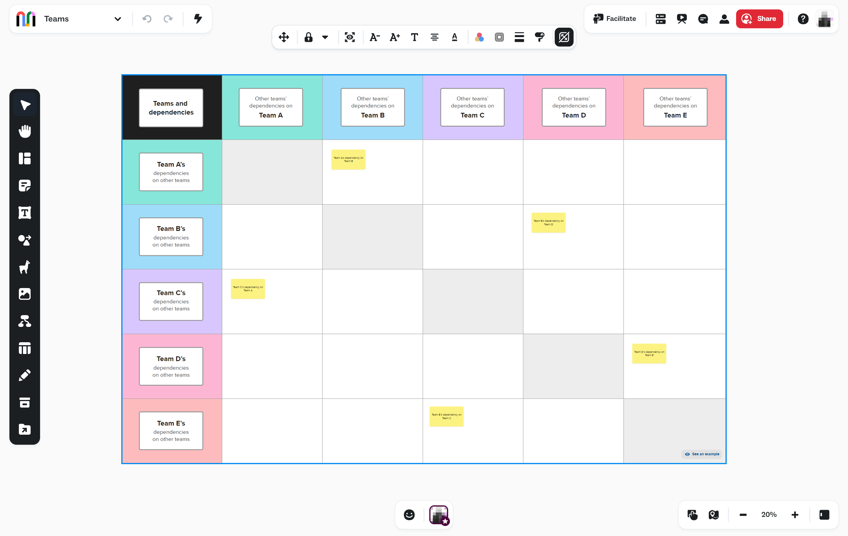 A screenshot of the Mural interface, showing a user creating a whiteboard for organizing teams.