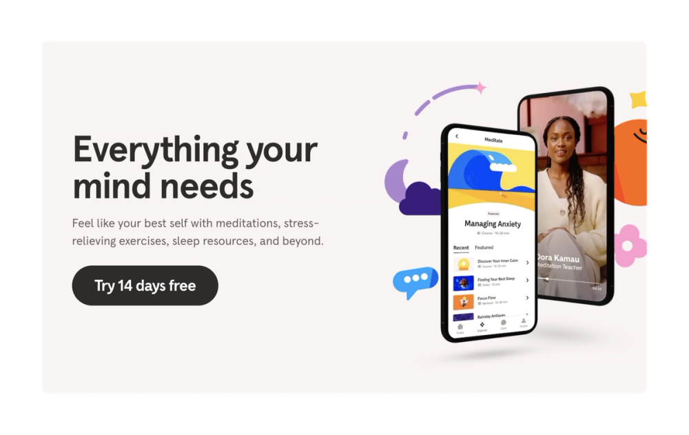 Sample headspace CTAs, including “try it for free” and “get your headspace.”