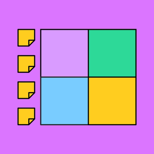 four colorful squares next to four yellow sticky notes over a purple background