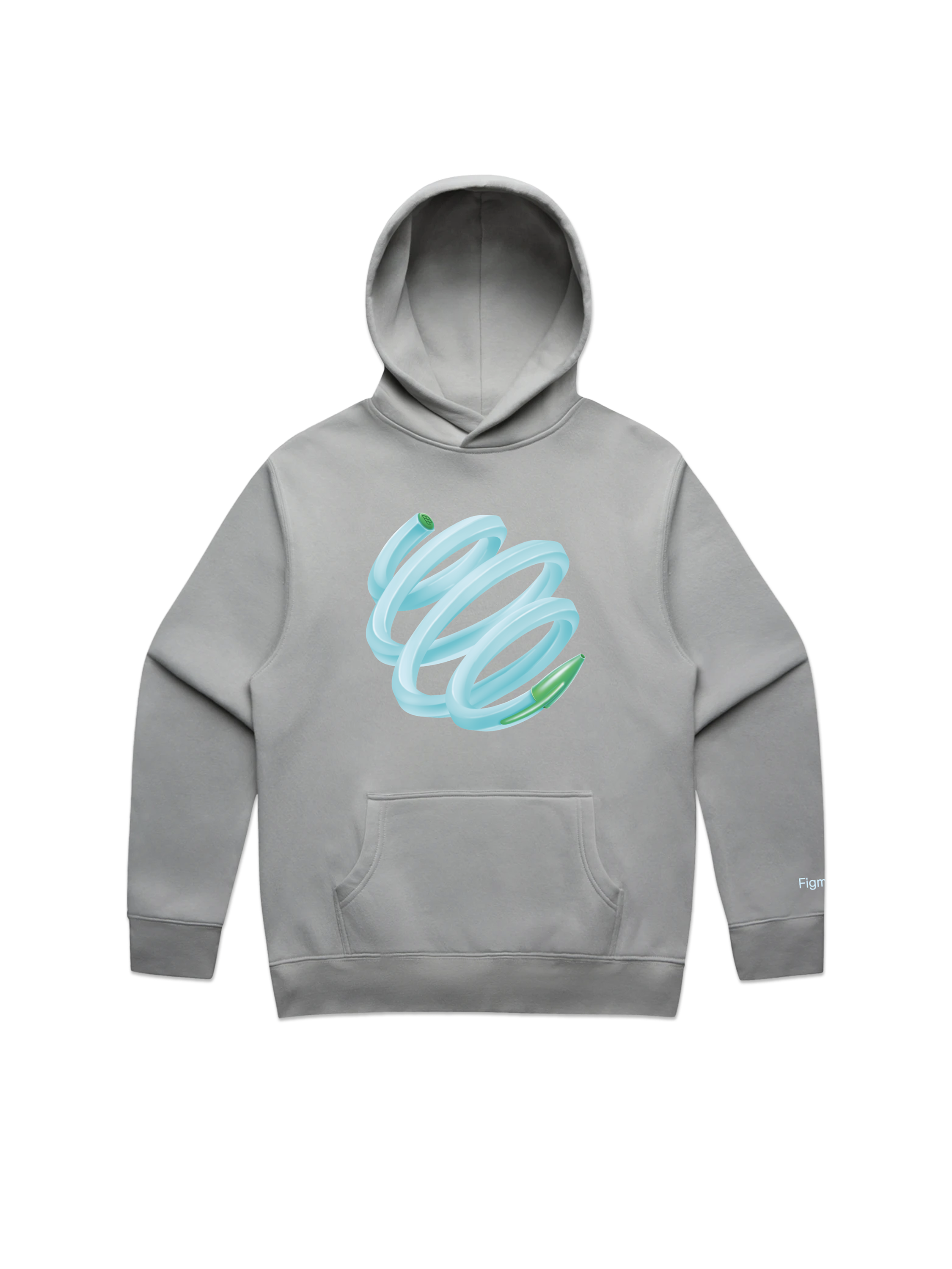 A light blue spiraling pen illustration on the front of a gray hoodie