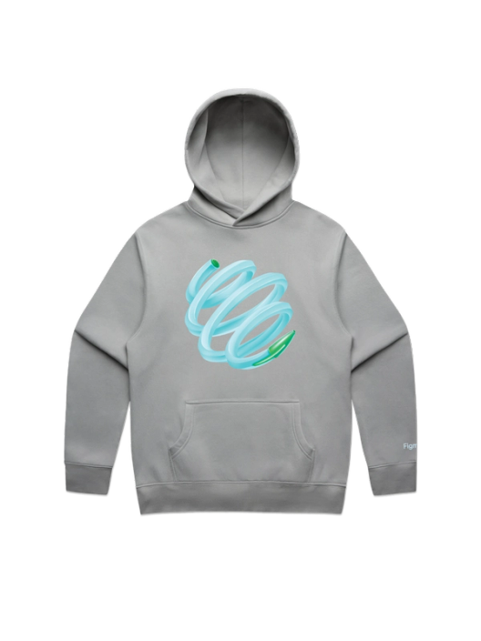 A light blue spiraling pen illustration on the front of a gray hoodie