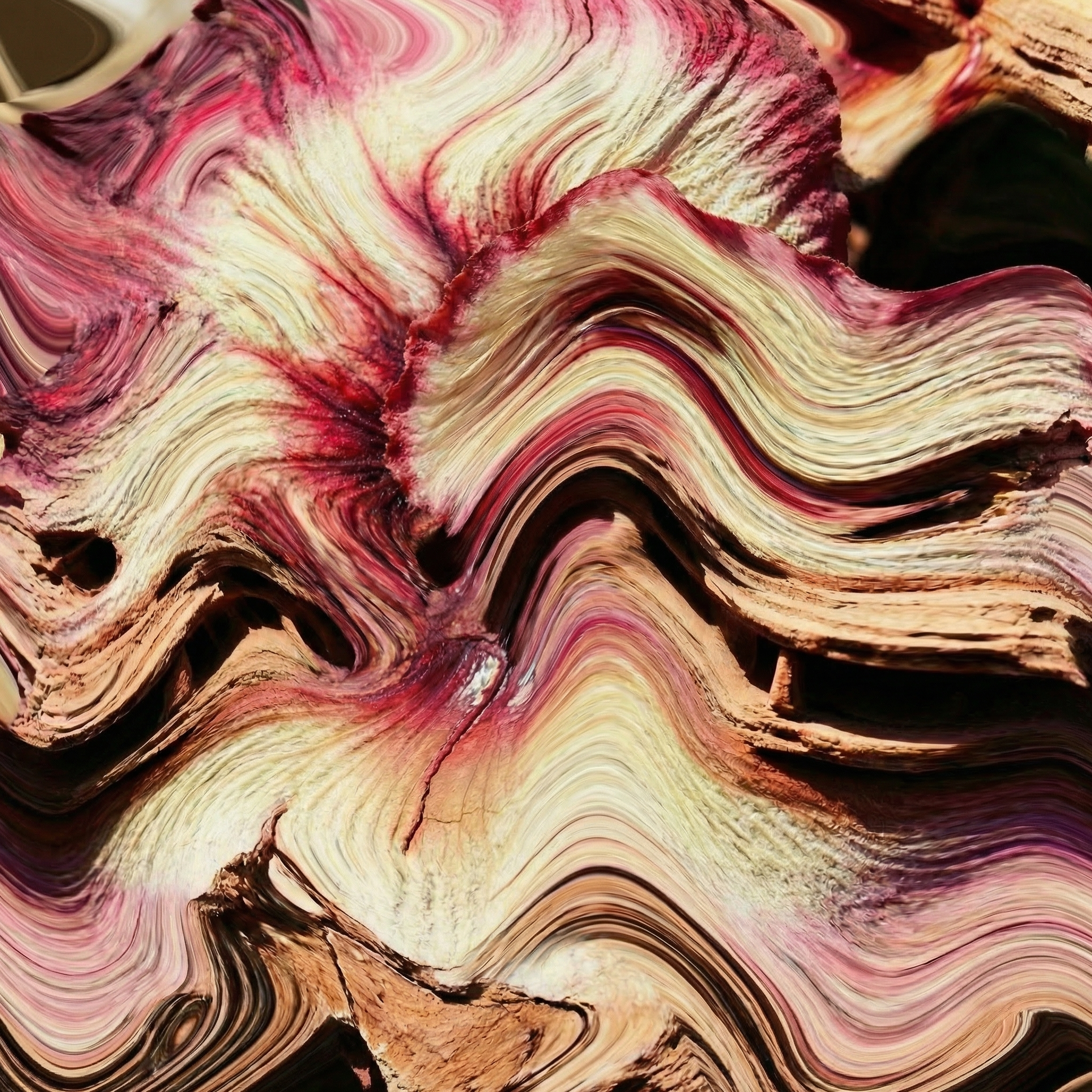 A distorted version of the combined flower and rock image with flowing wave forms in deep pink, cream, and sandstone tones, closer in texture to the original reference.