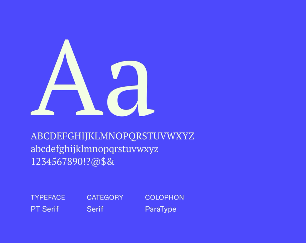 PT Serif sample featuring clean, well-proportioned letterforms with functional, moderate serifs.
