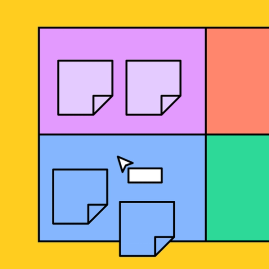 purple and blue rectangles with a hovering mouse cursor and sticky notes