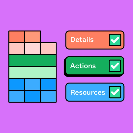 colorful rectangles with the words details, actions, and resources