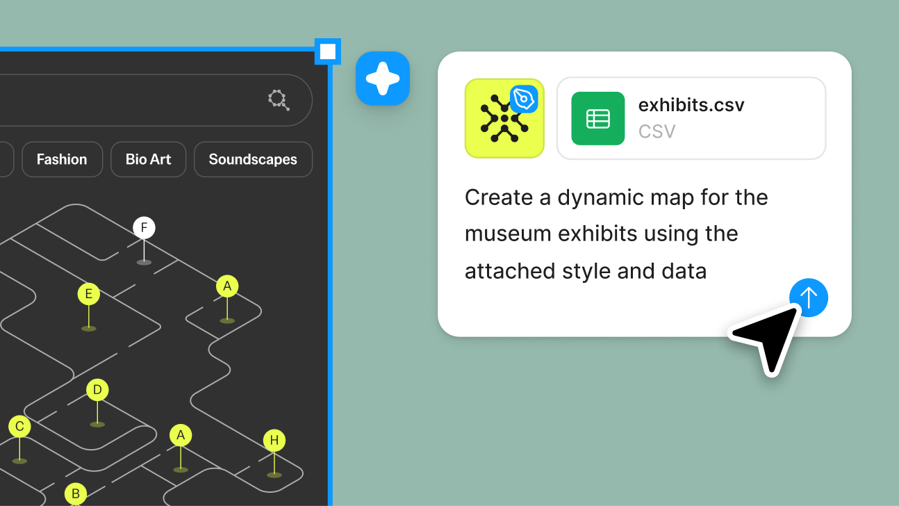 An attached style file and exhibits.csv used with the prompt 'Create a dynamic map for the museum exhibits using the attached style and data', beside the resulting interactive map.