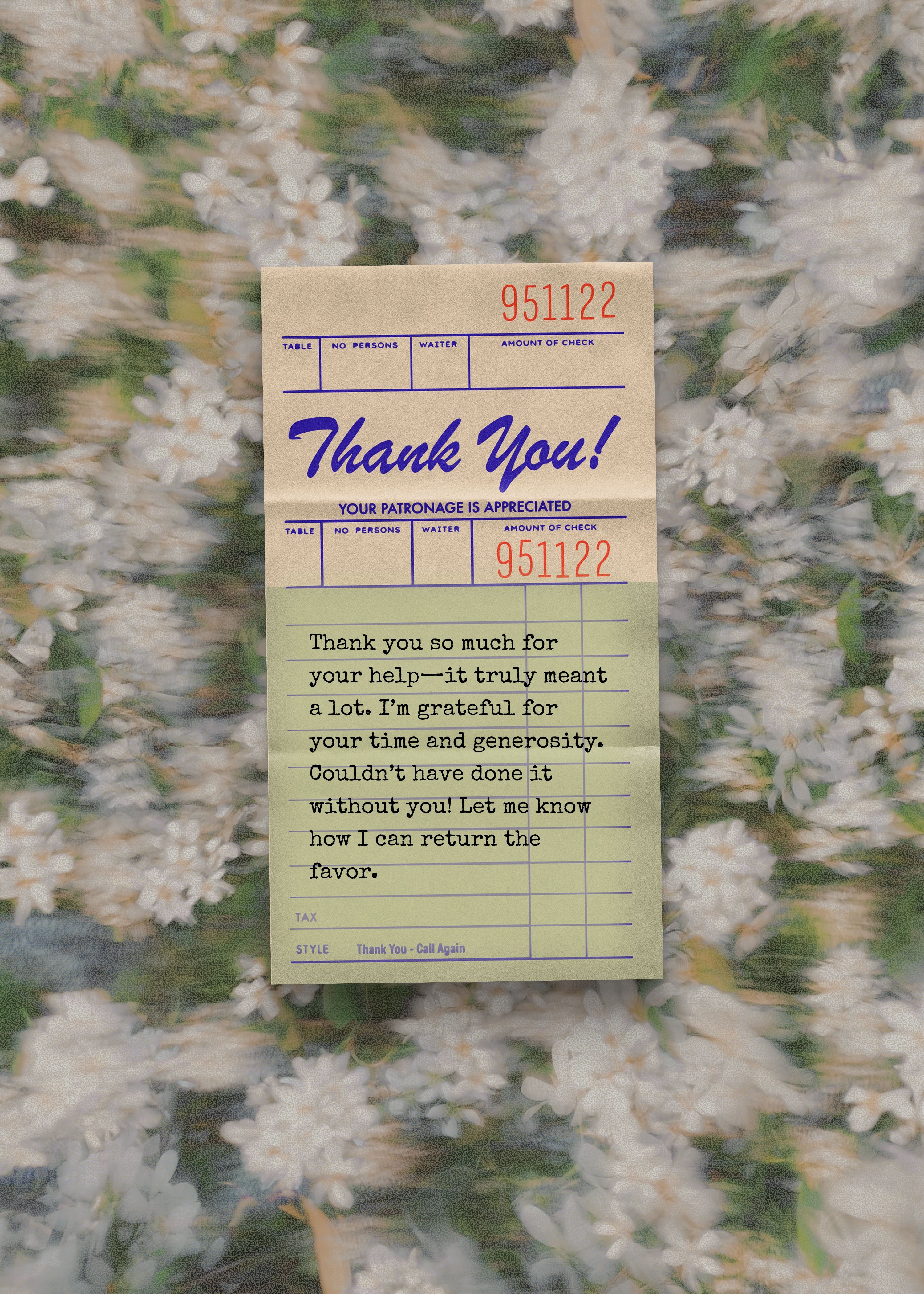 Restaurant receipt with handwritten thank you note against blurred white flower background