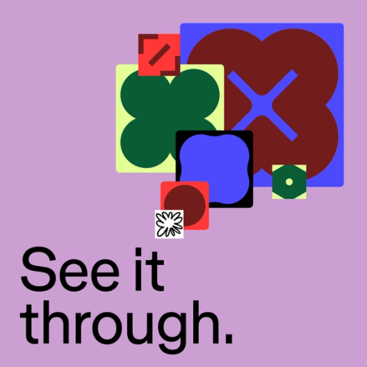 Chubby, floral shapes overlap in a corner of a purple square. At the bottom left corner, text reads "See it through."