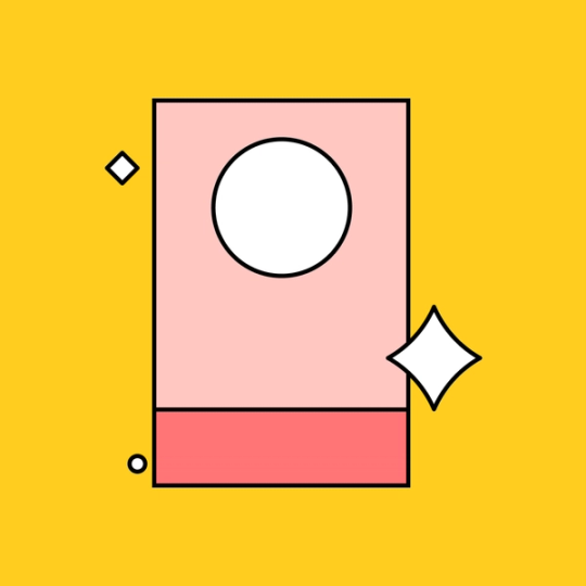 red rectangle with a circle centered at the top and sparkles surrounding it
