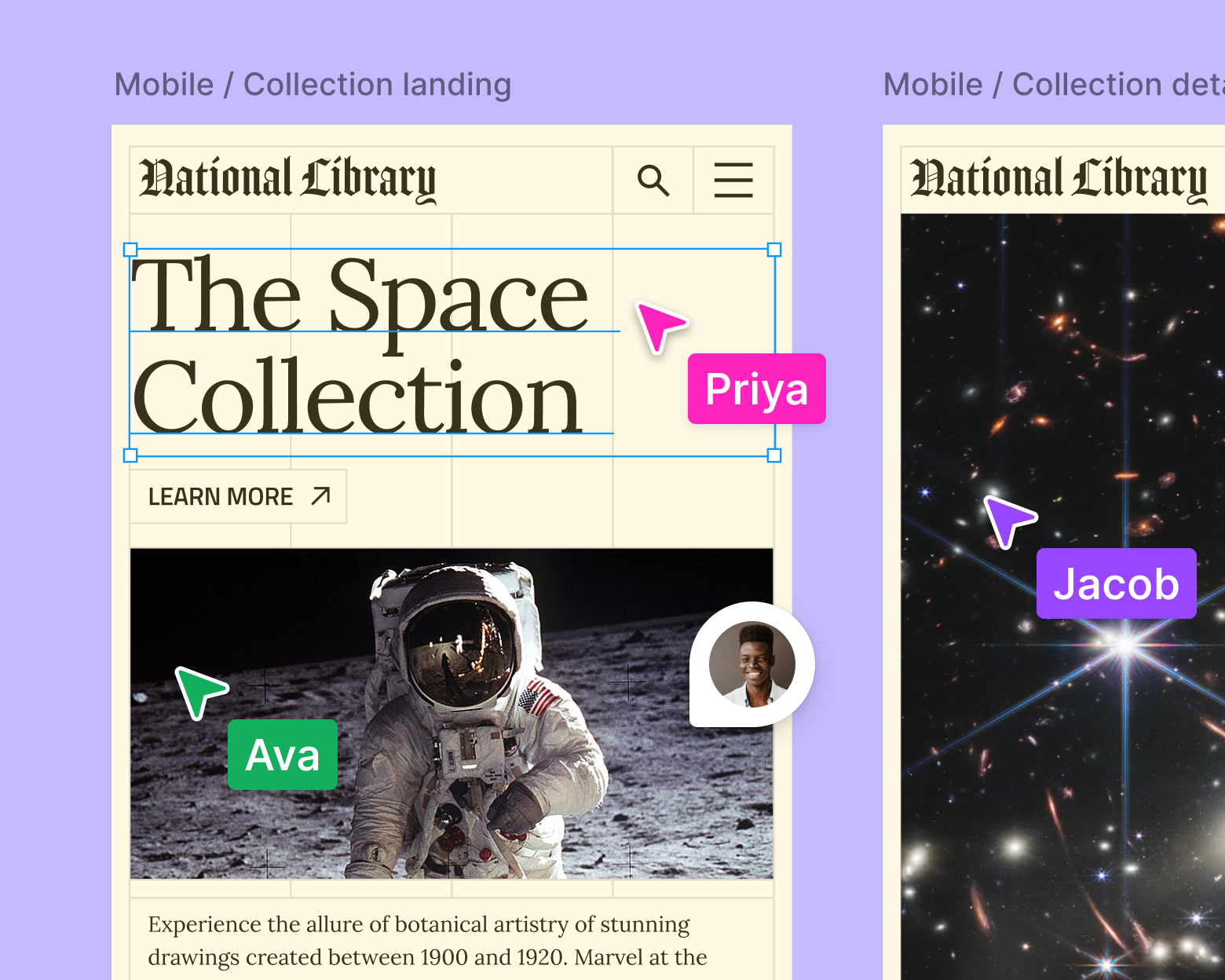 Mobile designs of the national library landing page with cursors and a comment bubble