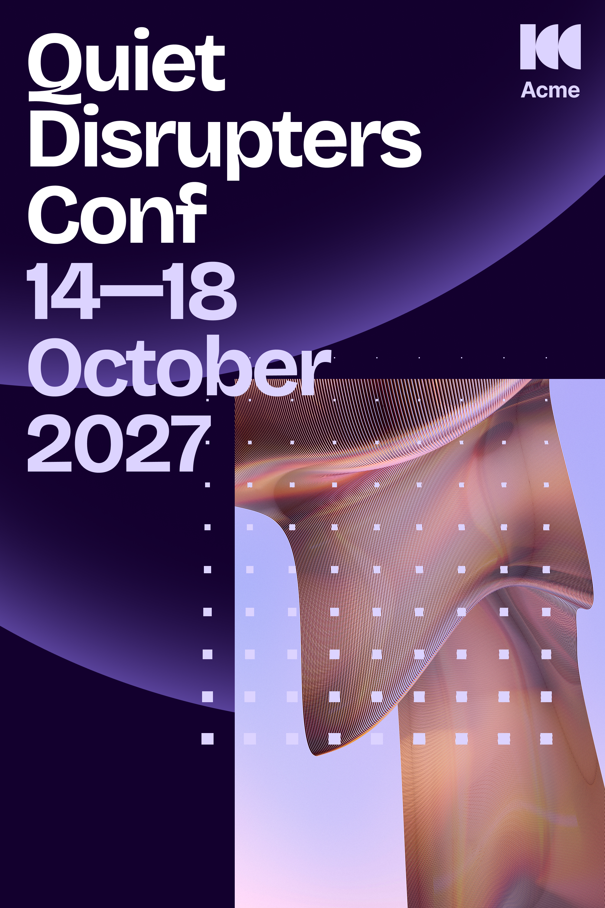 Pinterest ad for "Quiet Disrupters Conf" hosted by Acme. The design features a deep purple gradient background with large white text