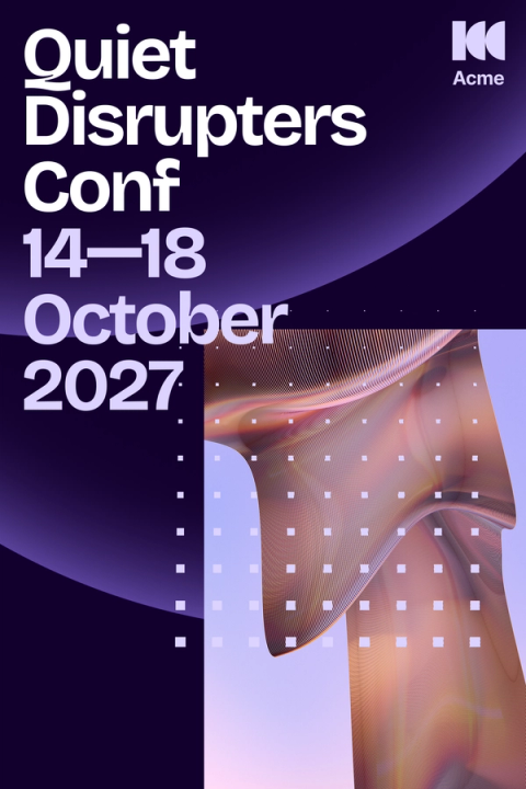 Pinterest ad for "Quiet Disrupters Conf" hosted by Acme. The design features a deep purple gradient background with large white text