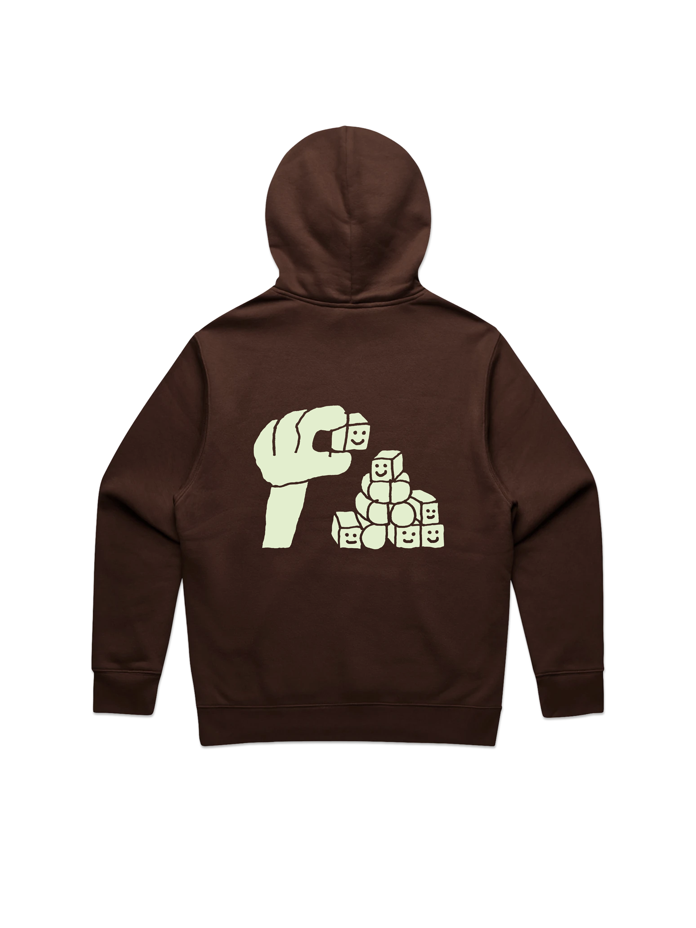A hand stacking smiling cubes, printed on the back of a brown hoodie