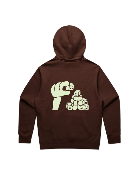 A hand stacking smiling cubes, printed on the back of a brown hoodie
